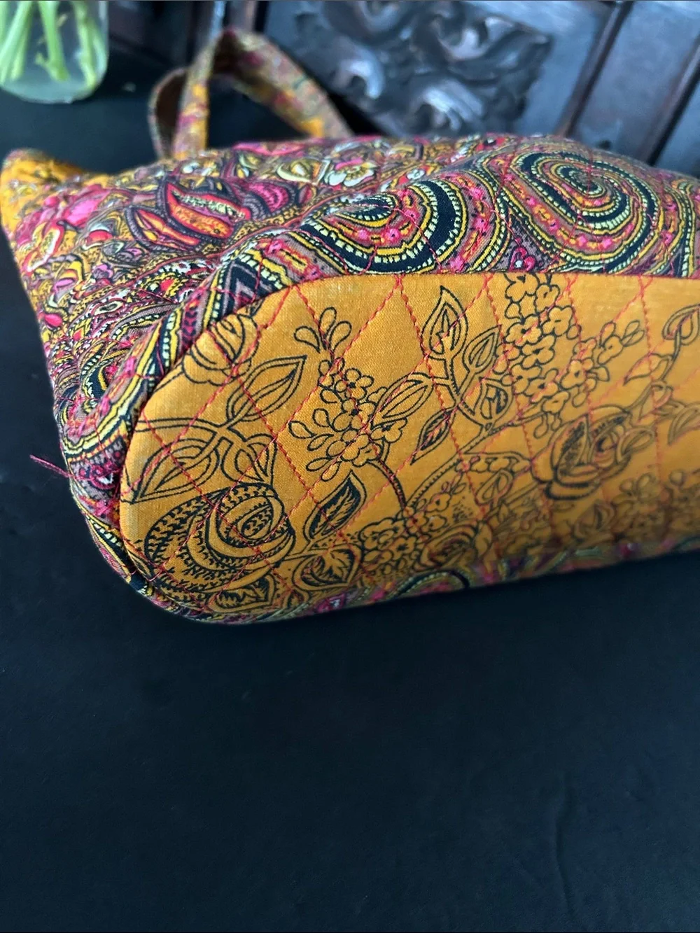 Vintage Valdrome Quilted Floral Tote Bag in Mustard Yellow